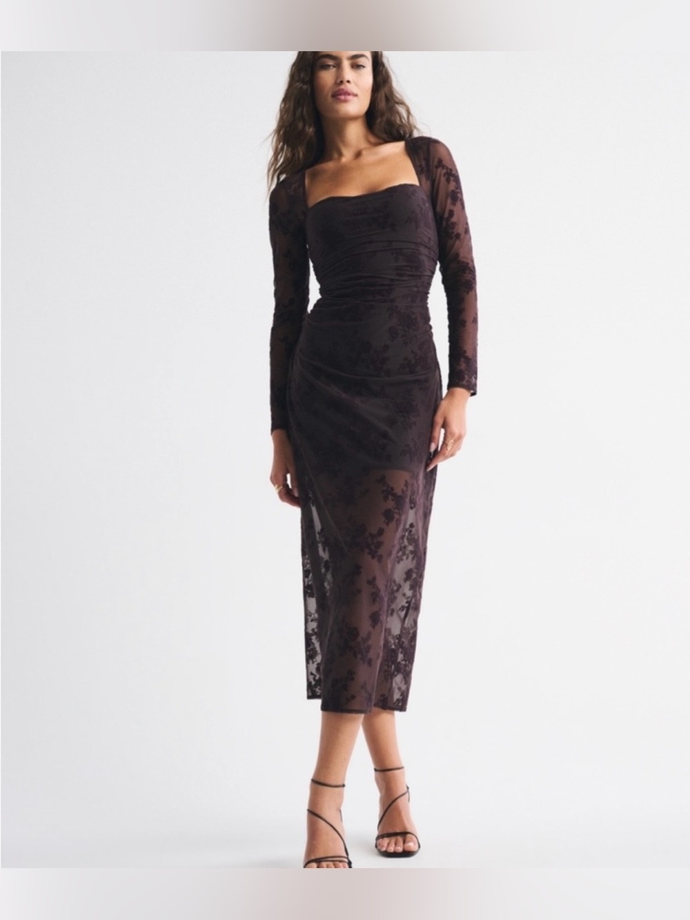 NWT Abercrombie & Fitch Brown Mesh Lace Bra-Free Long Sleeve Maxi Dress